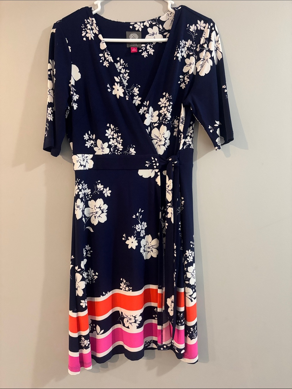 Vince Camuto Navy Floral Wrap Midi Dress with Pink & Orange Hem Stripes